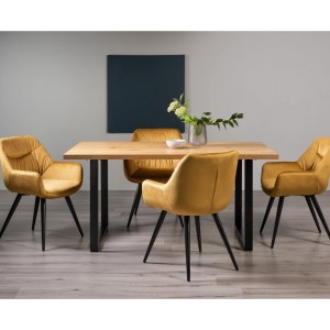 Bentley Designs Ramsay Rustic Oak Effect Melamine 6 Seater U Shape Dining Table With 4 Dali Mustared Velvet Fabric Chairs