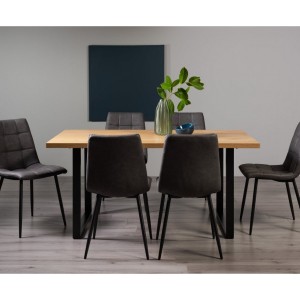 Bentley Designs Ramsay Rustic Oak Effect Melamine 6 Seater U Shape Dining Table with 6  Mondrian Dark Grey Faux Leather Chairs
