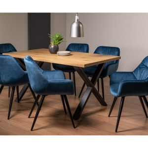 Bentley Designs Ramsay Rustic Melamine X Leg 6 Seater Dining Table With 6 Dali Petrol Blue Velvet Fabric Chairs