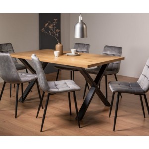 Bentley Designs Ramsay Rustic Melamine 6 Seater Dining Table with X Leg With 6 Mondrian Grey Velvet Fabric Chairs