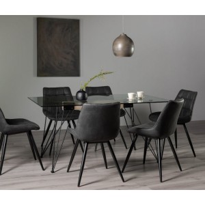 Bentley Designs Miro Clear Tempered Glass 6 Seater Dining Table with 6 Grey Faux Suede Fabric Chairs