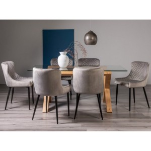 Bentley Designs Turin Furniture Rectangular 6 Seater Dining Table with 6 Cezanne Grey Velvet Fabric Chairs