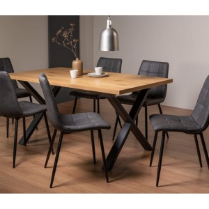 Bentley Designs Ramsay Rustic Melamine 6 Seater Dining Table with X Leg With 6 Mondrian Dark Grey Faux Leather Chairs