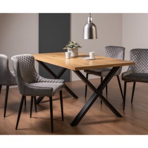 Bentley Designs Ramsay Rustic Oak Effect Melamine 6 Seater X Leg Dining Table With 4 Cezanne Grey Velvet Fabric Chairs
