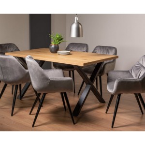 Bentley Designs Ramsay Rustic Melamine 6 Seater Dining Table with X Leg With 6 Dali Grey Velvet Fabric Chairs