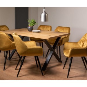 Bentley Designs Ramsay Rustic Melamine 6 Seater Dining Table with X Leg With 6 Dali Mustard Velvet Fabric Chairs