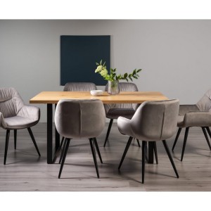 Bentley Designs Ramsay Rustic Oak Effect Melamine 6 Seater U Shape Dining Table With 6 Dali Grey Velvet Fabric Chairs