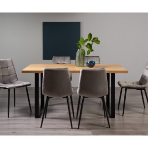 Bentley Designs Ramsay Rustic Oak Effect Melamine 6 Seater U Shape Dining Table With Mondrian 6 Grey Velvet Fabric Chairs