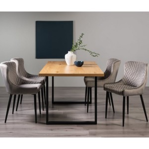 Bentley Designs Ramsay Rustic Oak Effect Melamine 6 Seater U Shape Dining Table with 4 Cezanne Grey Velvet Fabric Chairs