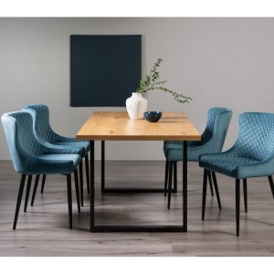 Bentley Designs Ramsay Rustic Oak Effect Melamine 6 Seater U Shape Dining Table with 4 Cezanne Petrol Blue Velvet Fabric Chairs