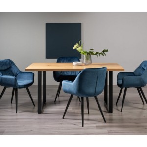 Bentley Designs Ramsay Rustic 6 Seater U Shape Dining Table With 4 Dali Petrol Blue Velvet Fabric Chairs