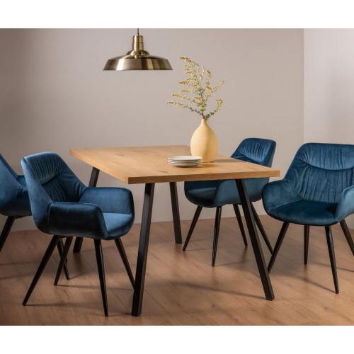 Bentley Designs Ramsay Rustic Oak Effect Melamine 6 Seater Dining Table with 4 Dali Petrol Blue Velvet Fabric Chairs