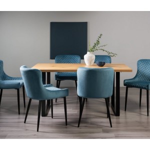 Bentley Designs Ramsay Rustic Oak Effect Melamine 6 Seater U Shape Dining Table with 6 Cezanne Petrol Blue Velvet Fabric Chairs