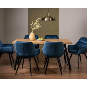 Bentley Designs Ramsay Rustic Oak Effect Melamine 6 Seater Dining Table with 6 Dali PetrolBlue Velvet Fabric Chairs