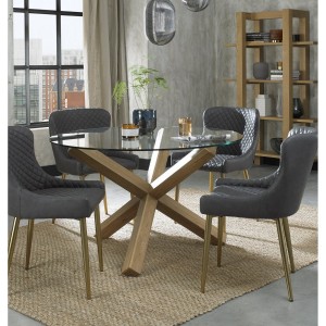Bentley DesignsTurin Clear 120cm Round 4 Seater Glass Dining Table with 4 Cezanne Dark Grey Faux Leather Chairs