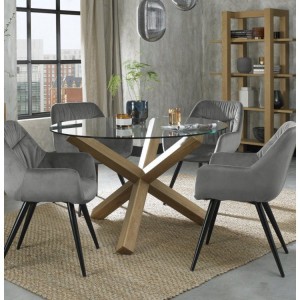 Bentley DesignsTurin Clear 120cm Round 4 Seater Glass Dining Table with 4 Dali Grey Velvet Fabric Chairs