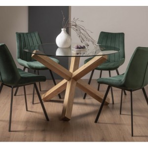 Bentley Designs Turin Clear 120cm Round 4 Seater Glass Dining Table with 4 Fontana Green Velvet Fabric Chairs