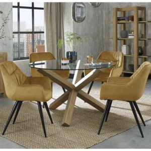 Bentley Designs Turin Clear 120cm Round 4 Seater Glass Dining Table with 4 Dali Mustard Velvet Fabric Chairs