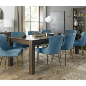 Bentley Designs Turin Dark Oak 6-10 Seater Dining Table With 8 Cezanne Petrol Blue Velvet Gold-plated Legs Fabric Chairs