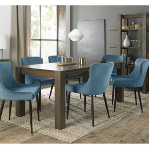 Bentley Designs Turin Dark Oak 6-10 Seater Dining Table With 8 Cezanne Petrol Blue Velvet Fabric Chairs