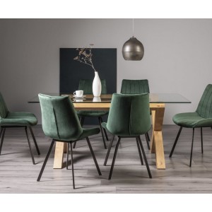 Bentley Designs Turin Clear Tempered Glass 6 Seater Dining Table With 6 Fontana Green Velvet Fabric Chairs