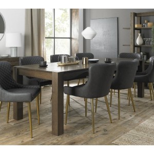 Bentley Designs Turin Dark Oak 6-10 Seater Dining Table With 8 Cezanne Grey Faux Matt Gold-Plated Leather Chairs