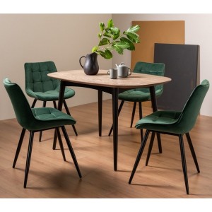 Bentley Designs Vintage Weathered Oak 4 Seater Dining Table With 4 Seurat Green Velvet Fabric Chairs