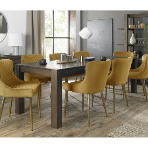 Bentley Designs Turin Dark Oak 6-10 Seater Dining Table With 8 Cezanne Mustard Velvet Gold-Plated Legs Fabric Chairs