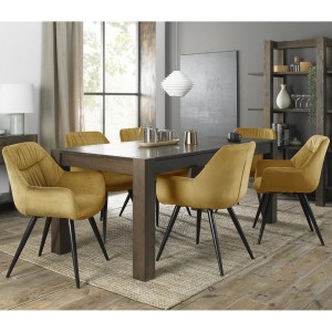 Bentley Designs Turin Dark Oak Large 6-8 Seater Dining Table With 6 Dali Mustard Velvet Fabric Chairs