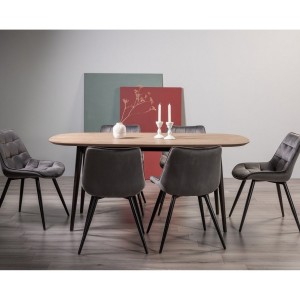 Bentley Designs Vintage Weathered Oak 6 Seater Dining Table with 6 Seurat Grey Velvet Fabric Chairs