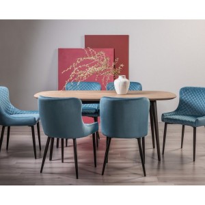 Bentley Designs Vintage Weathered Oak 6 Seater Oval Dining Table with 6 Cezanne Petrol Blue Velvet Fabric Chairs