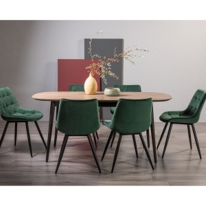 Bentley Designs Vintage Weathered Oak 6-8 Seater Dining Table with 6 Seurat Green Velvet Fabric Chairs