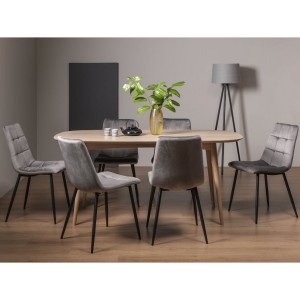 Bentley Designs Dansk Scandi Oak Furniture 6 Seater Oval Dining Table With 6 Mondrian Grey Velvet Fabric Chairs
