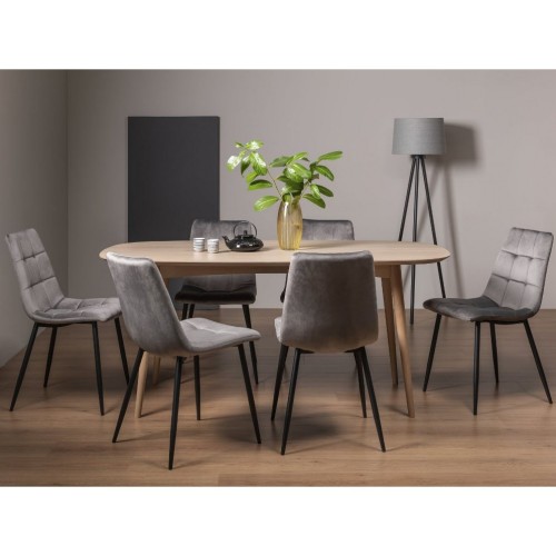 Bentley Designs Dansk Scandi Oak Furniture 6 Seater Oval Dining Table With 6 Mondrian Grey Velvet Fabric Chairs