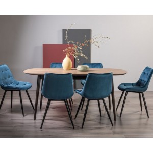 Bentley Designs Vintage Weathered Oak 6-8 Seater Dining Table with 6 Seurat Blue Velvet Fabric Chairs