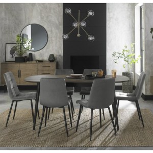 Bentley Designs Vintage Weathered Oak Furniture 6 to 8 Seater Oval Dining Table with 6 Mondrian Grey Velvet Fabric Chairs