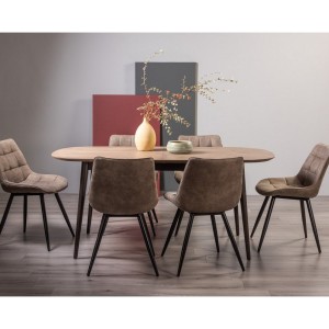 Bentley Designs Vintage Weathered Oak 6-8 Seater Dining Table with 6 Seurat Tan Faux Suede Fabric Chairs