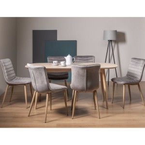 Bentley Designs Dansk Scandi Oak 6 Seater Dining Table With 6 Eriksen Grey Velvet Fabric Chairs