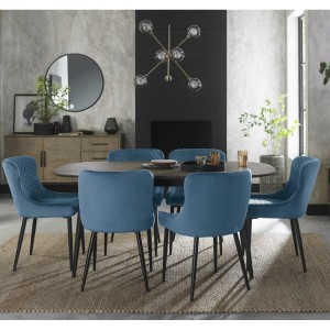 Bentley Designs Vintage Weathered Oak 6-8 Seater Dining Table with 6 Cezanne Petrol Blue Velvet Fabric Chairs