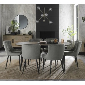 Bentley Designs Vintage Weathered Oak 6-8 Seater Dining Table with 6 Cezanne Grey Velvet Fabric Chairs