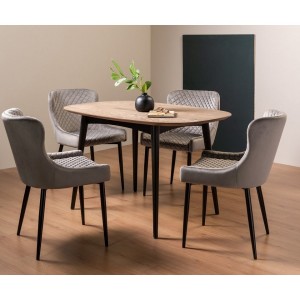 Bentley Designs Vintage Weathered Oak Furniture 4 Seater Oval Dining Table with 4 Cezanne Grey Velvet Fabric Chairs