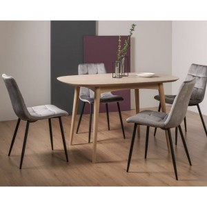 Bentley Designs Dansk Scandi Oak Furniture 4 Seater Oval Dining Table With 4 Mondrian Grey Velvet Fabric Chairs