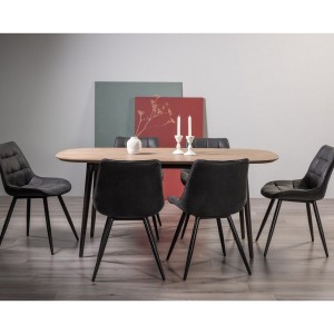 Bentley Designs Vintage Weathered Oak 6 Seater Dining Table with 6 Seurat Dark Grey Faux Suede Chairs