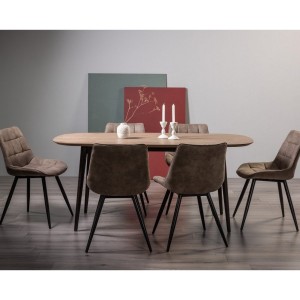 Bentley Designs Vintage Weathered Oak 6 Seater Dining Table with 6 Seurat Dark Tan Faux Suede Chairs