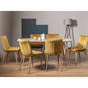 Bentley Designs Dansk Scandi Oak 6 Seater Dining Table With 6 Eriksen Mustard Velvet Fabric Chairs