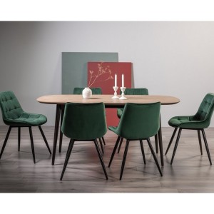Bentley Designs Vintage Weathered Oak 6 Seater Dining Table with 6 Seurat Green Velvet Fabric Chairs