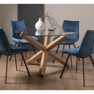 Bentley DesignsTurin Clear 120cm Round 4 Seater Glass Dining Table with 4 Fontana Blue Velvet Fabric Chairs