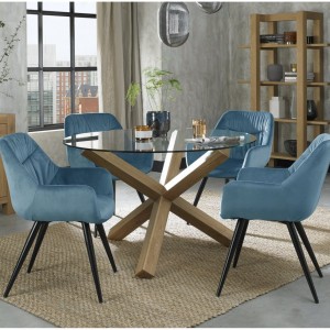Bentley Designs Turin Clear 120cm Round 4 Seater Glass Dining Table with 4 Dali Petrol Blue Velvet Fabric Chairs