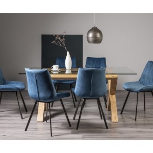 Bentley Designs Turin Clear Tempered Glass 6 Seater Dining Table With 6 Fontana Blue Velvet Fabric Chairs