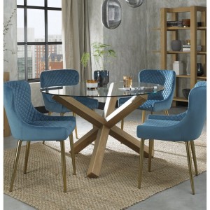 Bentley Designs Turin Clear 120cm Round 4 Seater Glass Dining Table with 4 Cezanne Petrol Blue Velvet Fabric Chairs